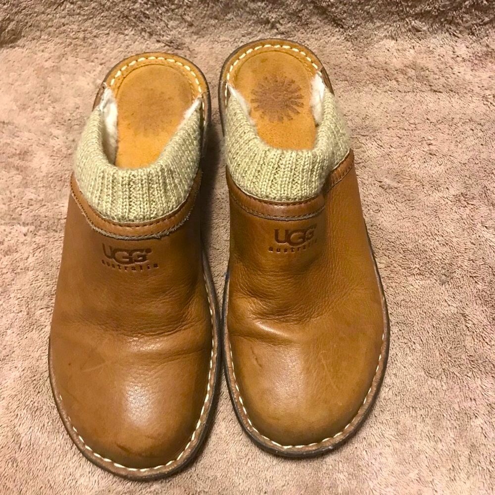 UGG Brown Leather Sweater Cuff Clogs 8